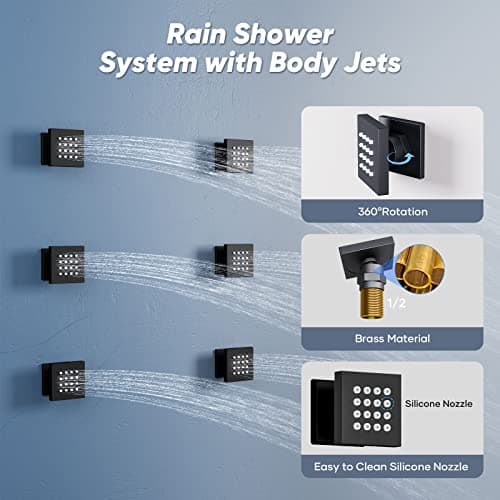 Thermostatic Shower System, Full Body shower syetem with Body Jets, 23 Inch Rainfall Waterfall Overhead Shower System in Matte Black