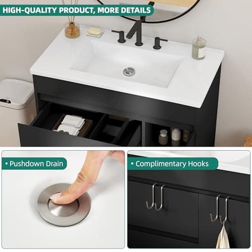 YITAHOME 36 Inch Bathroom Vanity with Sink, Bathroom Cabinet Vanity for Media Space, Freestanding Storage Bathroom Vanity with 1 Soft Closing Cabinet & 2 Drawers, Black