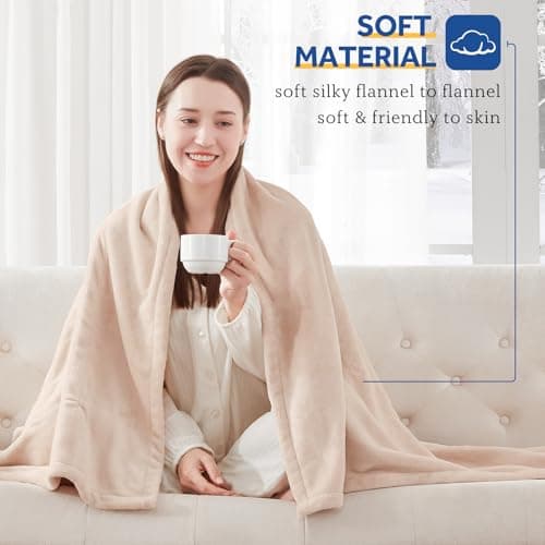 Sealy Electric Blanket Twin Size, Flannel Heated Blanket with 10 Heating Levels & 1-12 Hours Auto Shut Off, Fast Heating Warm Blanket, Machine Washable, Beige, 62 x 84 Inch