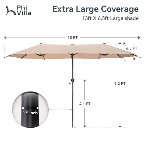 PHI VILLA 13ft Large Patio Umbrella Double-Sided Twin Outdoor Market Umbrella with Crank, Beige