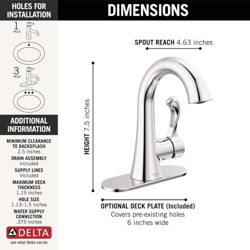 Delta Esato Chrome Bathroom Faucet 1 Hole, Single Hole Bathroom Sink Faucet for Vanity, Push-Pop Drain Assembly, Chrome 15897LF
