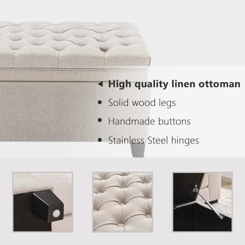 50 Inch Fabric Storage Ottoman, End of Bed Bench with Large Storage, Modern Upholstered Tufted Bench with Wood Legs, Beige