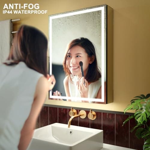 LED Lighted Bathroom Medicine Mirror Cabinet with Sockets & USBs, Anti-Fog Dimmable Light and Color Adjustment, Antirust and Easy to Install Aluminum Cabinet (20 * 28 inch)