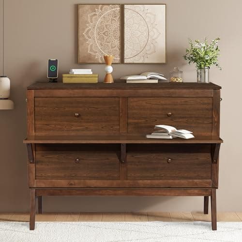 KEIKI Queen Size Cabinet Murphy Bed with Charging Station, Drawer, Removable Shelves, Multiple Storage Foldable Hideaway Wall Murphy Bed Frame, No Box Spring Needed, Easy Assembly, for Bedroom, Walnut