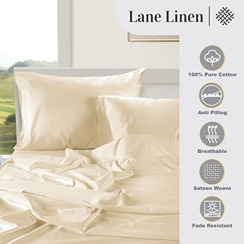 LANE LINEN 100% Egyptian Cotton 1000 TC King Bed Sheets, Eco Friendly No Pill Naturally Cooling Sheet King Size, Soft & Comfy Sateen Weave Silky Smooth Finish, Available in Variety of Colors -Ivory