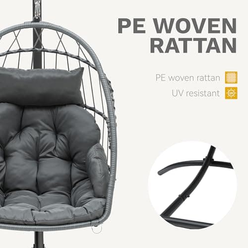 DWVO Egg Chair with Stand, Hanging Outdoor Rattan Wicker Patio Hammock Indoor Egg Chair with Cushion, Hanging Swing Chair 350lbs for Porch, Garden, Bedroom, Balcony, Gray