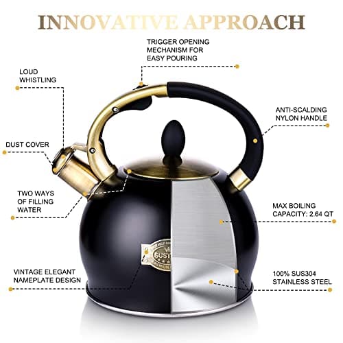 SUSTEAS Stove Top Whistling Tea Kettle - Food Grade Stainless Steel Teakettle Teapot with Cool Touch Ergonomic Handle, With 1 Silicone Pinch Mitt Included, 2.64 Quart(BLACK)