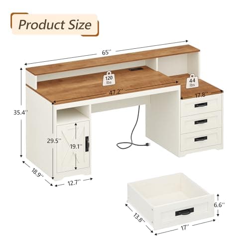 TVU Farmhouse Computer Desk with Drawers, 65'' Home Office Desk with Power Outlets, Storage Cabinet and Printer Stand, Study Writing Desks with Long Monitor Stand, White