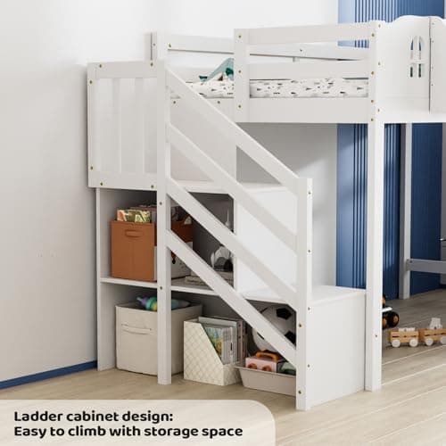 JOYMOR Low Loft Bed with Led Light, Loft Bed Twin Size with Castle Guardrail and Window, Staircase and Book Rack, Smart APP Control,No Box Spring Needed (White with Staircase)