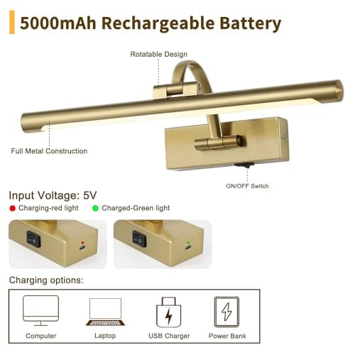 Battery Operated Picture Light with Remote and Timer, Wireless Art Lights for Paintings Brass Rechargeable Gallery Light Dimmable Artwork Lighting for Canvas, Portrait 16'' Inch Warm White
