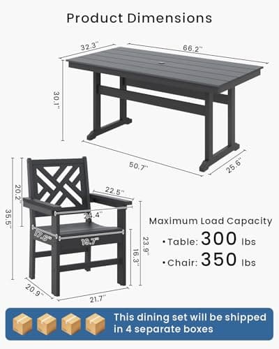 7-Piece Outdoor Dining Set, HDPE All-Weather Patio Table and Chairs Set for 6, Outdoor Patio Furniture Sets with Umbrella Hole for Outside, Deck, Backyard, Garden (Black)