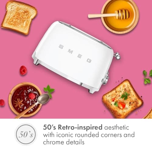 Smeg 50's Style Retro Aesthetic 4 Slice Toaster 6 Presets Extra Wide Slots White TSF03WHUS