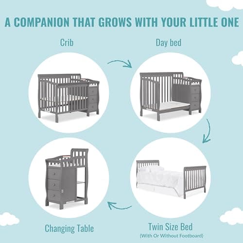 Dream On Me Jayden 4-in-1 Mini Convertible Crib And Changer in Storm Grey, Greenguard Gold Certified, Non-Toxic Finish, New Zealand Pinewood, 1" Mattress Pad