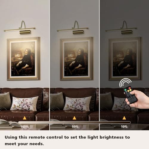 JOOSENLUX Battery Operated Picture Lights Gold Wall Lights Wireless Flexible Neck with Remote Rechargeable Wall Lights for Pictures 16" Dimmable Display Art Light with Timer 3000K Brass