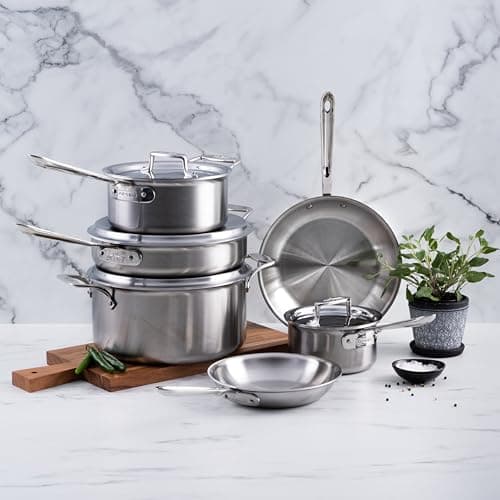 All-Clad D5 Brushed 5 Ply Stainless Steel Cookware Set 10 Piece w/ Frying Pans, Pots and Pans Set, Induction, Oven Broiler Safe 600F, Silver