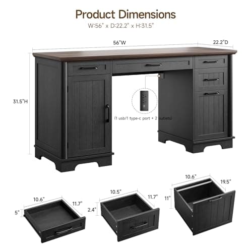 56" Large Modern Executive Desk, Farmhouse Computer Desk with File Drawers, Wood Home Office Desks with Charging Station, Adjustable Shelf, Storage Cabinet, for Writing Work Study (Black)