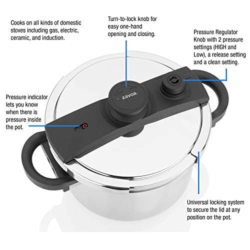 Zavor EZLock Stove Top Pressure Cooker 7 Quart - Stainless Steel, Multi Pressure Levels, Easy Locking, Induction Ready, Digital Cookbook & Steamer Basket | Olla de Presion Acero Inoxidable