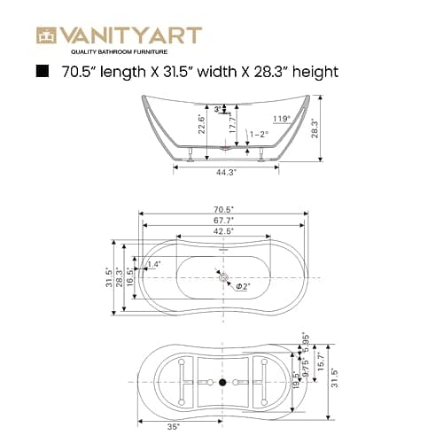 Vanity Art 71" Freestanding Bathtub | Free Standing Tub Stand Alone Tub with Contemporary Design for Soaking and Bathing, Overflow and Pop-up Drain with UPC Certified, Acrylic, VA6517-BN