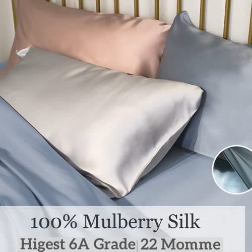 100% Mulberry Silk Pillowcase for Hair and Skin Made in USA, Real 22 Momme Silk Pillow Cases Queen, Not Satin Pillowcase, Anti Acne,Zipper Closure, 1 Pc 20"x30" (Queen, Blue Grey)