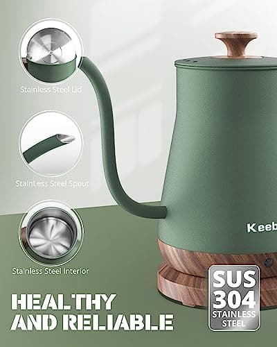 Gooseneck Electric Kettle, Electric Tea Kettle Stainless Steel, Pour over kettle for Coffee, 1000W Hot Water Kettle Electric Auto Shut Off, 0.8L, Wood-like Grain Finish Handle, Matcha Green