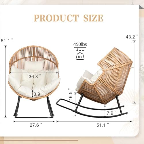 Vongrasig Wicker Egg Chair PE Rattan Rocking Chair with Cushion, Oversized Patio Lounge Rocker Chair for Outdoor, Indoor, Balcony, Backyard, Garden, Beige