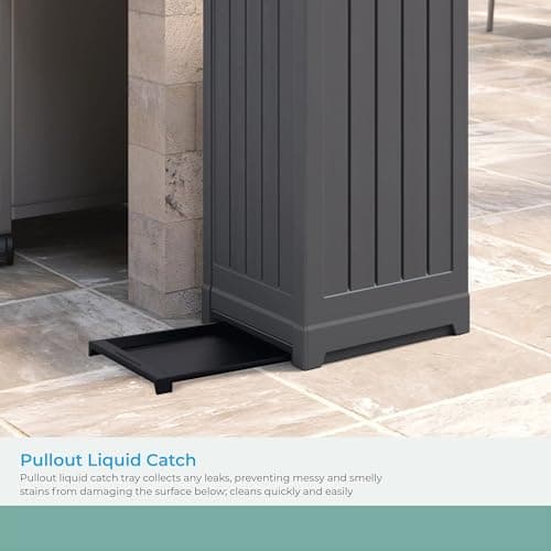 Suncast Trash Hideaway 39 Gallon Outdoor Trash Can Patio or Deck Waste Bin with Latching Lid, Liquid Tray, Handles, and Trash Bag Holder, Peppercorn