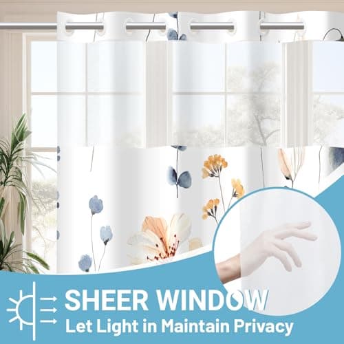 No Hook Shower Curtain with Snap in Liner - Watercolor Floral Shower Curtain - Fabric Waterproof Inner Liner, Plants Blue Beige Flowers White Cloth Shower Curtains Washable, 71 x 74 Inch
