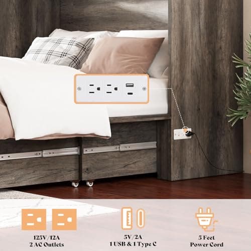 AMERLIFE Queen Murphy Bed with Storage & Charging Station, Farmhouse Murphy Cabinet with Foldable Panel, Noisy Free, for Living Room, Guest Bedroom, Office, Rustic Gray