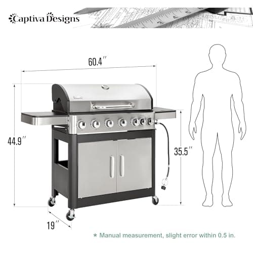 Captiva Designs 6-Burner Propane Gas BBQ Grill with Side Burner & Porcelain-Enameled Cast Iron Grate for Outdoor Kitchen & Backyard Barbecue, 65,800 BTU Output,665 SQ.IN. Cooking Area,Stainless Steel