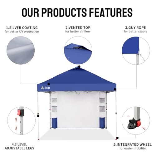 CROWN SHADES Canopy Tent, 10 x 10 Foot Portable Pop Up Outdoor Shelter with Pocket Sidewall, Push Center Lock, UV Protection, and Carry Bag, Navy Blue