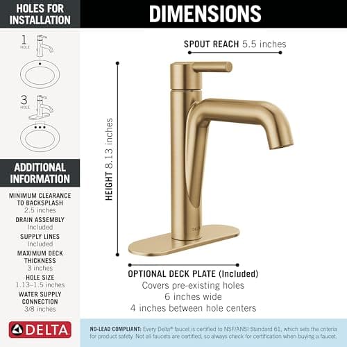 Delta Nicoli Brushed Gold Bathroom Faucet 1 Hole, Single Hole Bathroom Sink Faucet for Vanity, Push-Pop Drain Assembly, Champagne Bronze 15849LF-CZ