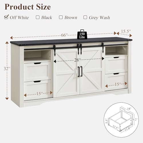 Farmhouse TV Stand for 75+ Inch TV, 32" Tall Entertainment Center w/4 Drawers & Sliding Barn Door, Rustic Media Console w/Storage Shelves, 66" Wood Television Stand for Living Room, Off White