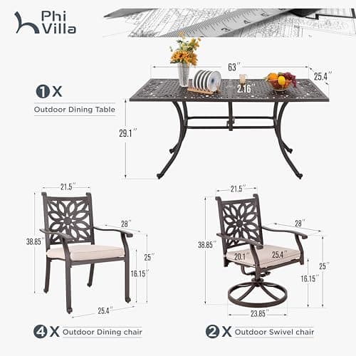 PHI VILLA Cast Aluminum Patio Dining Set for 6 Person, 7 Piece Outdoor Patio Set with 64" x 37" Cast-Top Aluminum Table(2.3" Umbrella Hole), 4 Dining Chairs and 2 Swivel Rockers with Seat Cushions