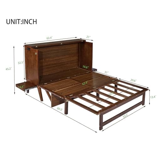KEIKI Queen Size Cabinet Murphy Bed with Charging Station, Drawer, Removable Shelves, Multiple Storage Foldable Hideaway Wall Murphy Bed Frame, No Box Spring Needed, Easy Assembly, for Bedroom, Walnut