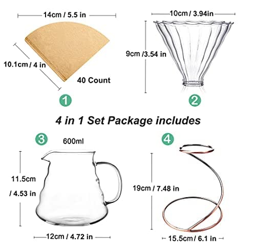Pour Over Coffee Maker Set - Glass Dripper, Metal Stand, 600ml Heat-Resistant Server, 40 Filters - 4 in 1 for Home or Office (Bronze)