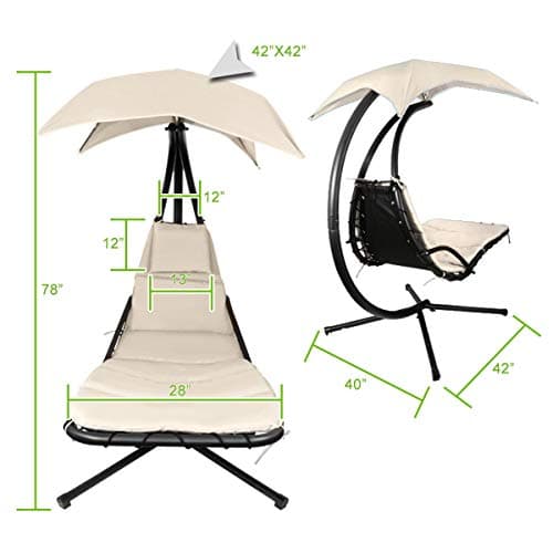 Patio Hanging Chaise Outdoor Lounger Padded Cushion Swing Hammock Chair w/Sun Shade Canopy Umbrella Stand [Beige]