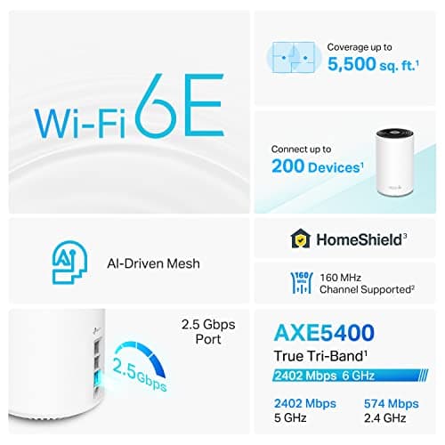 TP-Link Deco XE75 Pro AXE5400 Tri-Band WiFi 6E Mesh System - 2.5G WAN/LAN Port, Covers up to 5500 Sq.Ft, Replaces WiFi Router and Extender, AI-Driven Mesh, New 6GHz Band, 2-Pack
