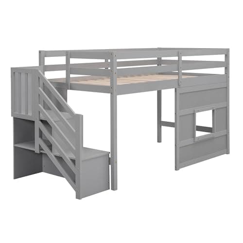 SOFTSEA Low Loft Bed with Stairs, Twin Size Loft Bed with Storage Staircase and Window, Kids Low Loft Bed Frame with Playhouse for Teens Juniors, No Box Spring Needed, Grey