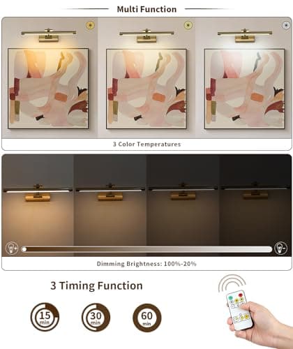 JUSHENG Wireless Picture Lights Battery Operated with Remote and Timer Brass Art Light with Swing Arm Rechargeable Gallery Lighting Artwork Lamp 15.75'' Inch 3W