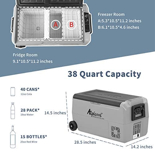 Alpicool T36 Dual Temperature Control 12 Volt Refrigerator 38 Quart Portable Car Fridge Freezer (-4°F~68°F) for Truck, RV, Boat, Camping and Travel