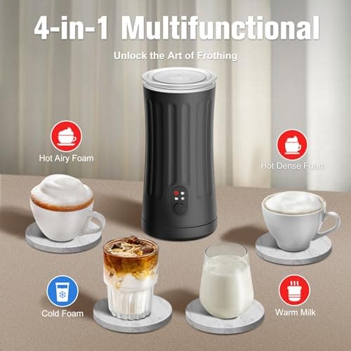 Electric Milk Frother, 4-in-1 Milk Steamer and Frother, 8.1oz/240ml Automatic Warm and Cold Foam Maker, Auto Shut-Off Frother for Coffee, Latte, Cappuccino, Macchiato(Black)