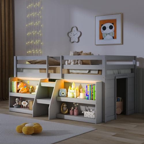 Giantex Low Loft Bed with LED Lights, Wooden Loft Bed Twin Size with Stairs & Safety Guardrail, Loft Bed for Kids with Storage Bookcase and Under-Bed Play Space, Grey