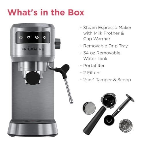 Frigidaire Steam Espresso Maker, Coffee Machine with Milk Frother & Cup Warmer, 20 Bar Pressure, 34 oz Removable Water Tank, Single or Double Shot, Stainless Steel