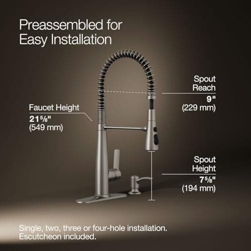 KOHLER K-R22745-SD-VS Semi-Professional Kitchen Faucet with Soap Dispenser/Lotion Dispenser, Commercial Kitchen Sink Faucet with Pull-Down Sprayhead, Vibrant Stainless