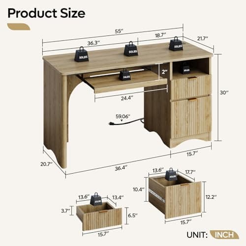 Bestier Computer Desk with Keyboard Tray, 55 inch Office Desk with Power Outlet, Modern Home Office Desk with File Drawer (Natual Oak, 55" W with Single-Sided Drawers)