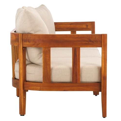 SAFAVIEH Outdoor Collection Owen Natural Teak Solid Wood/Taupe Cushion 3-Seater Sofa