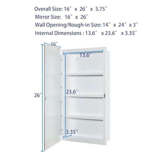 Plastic Medicine Mirror Cabinet for Bathroom 16 x 26 inch, Surface and Recessed Mount