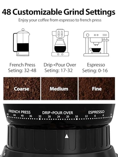 Aromaster Coffee Bean Grinder with 48 Gind Settings, Conical Burr Coffee Grinder for Home Use,Stainless Steel,40 Seconds Adjustable Timer,Anti-static,Easy to Clean with Brush