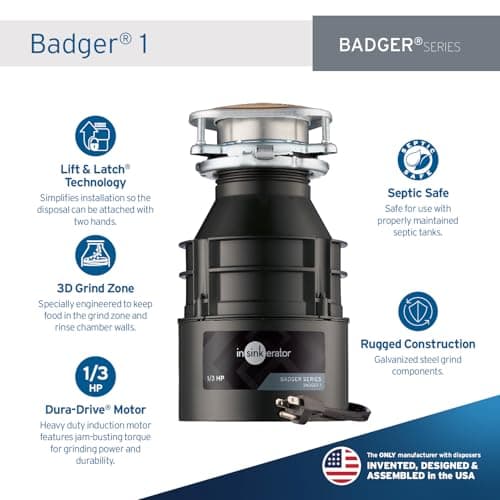 InSinkErator Garbage Disposal with Power Cord, Badger 1, Standard Series, 1/3 HP Continuous Feed, Black