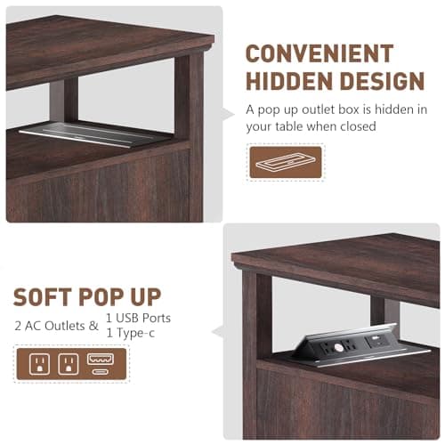 HIFYOBRO Narrow End Table with Flip Top Charging Station, Adjustable Shelf, Type-C & USB Port & Power Outlets, Side Table with Storage for Living Room/Bedroom/Home Office